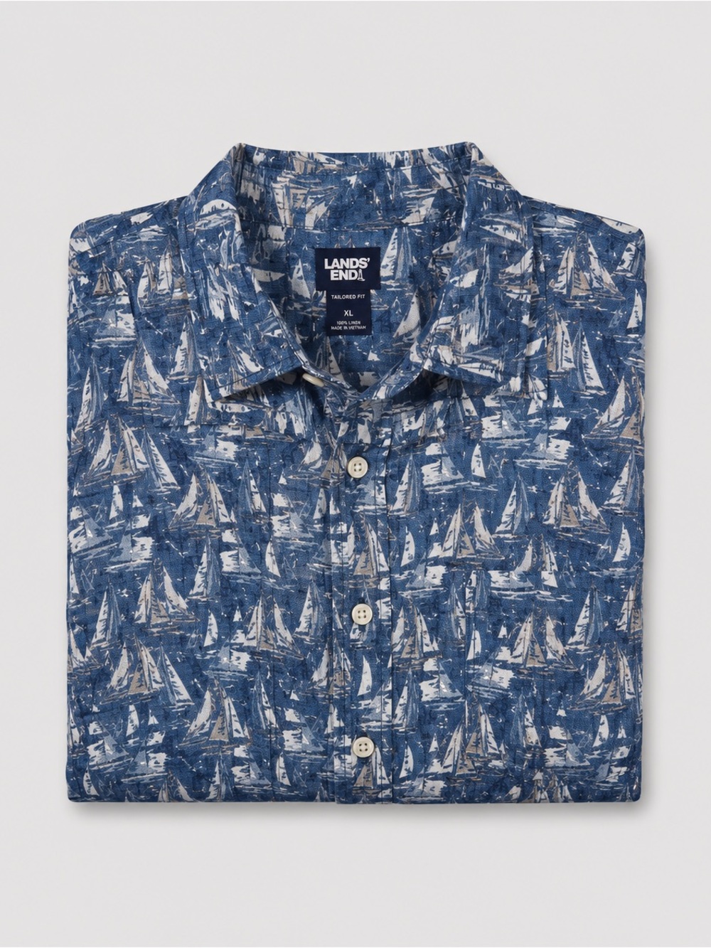 Lands End Mens 100% Linen Sailboat Button Up Shirt 3XLT Nautical Beach Resort